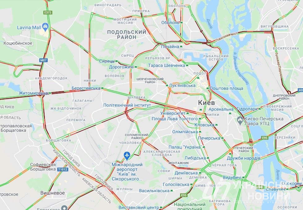 Пробки в Киеве утром 5 апреля. Скриншот: Google Maps