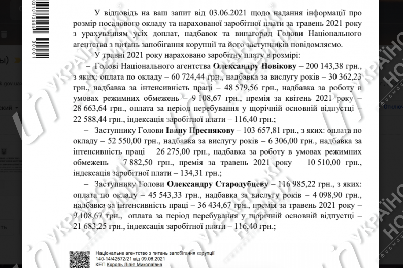 Ответ НАПК на запрос Українських Новин