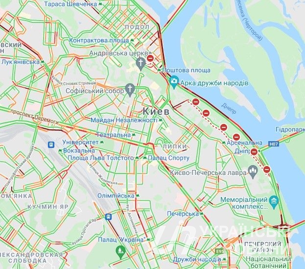 Пробки в центре Киева. Скриншот: Google Maps