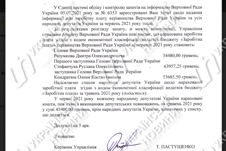 Ответ Аппарата Рады на запрос Українських Новин