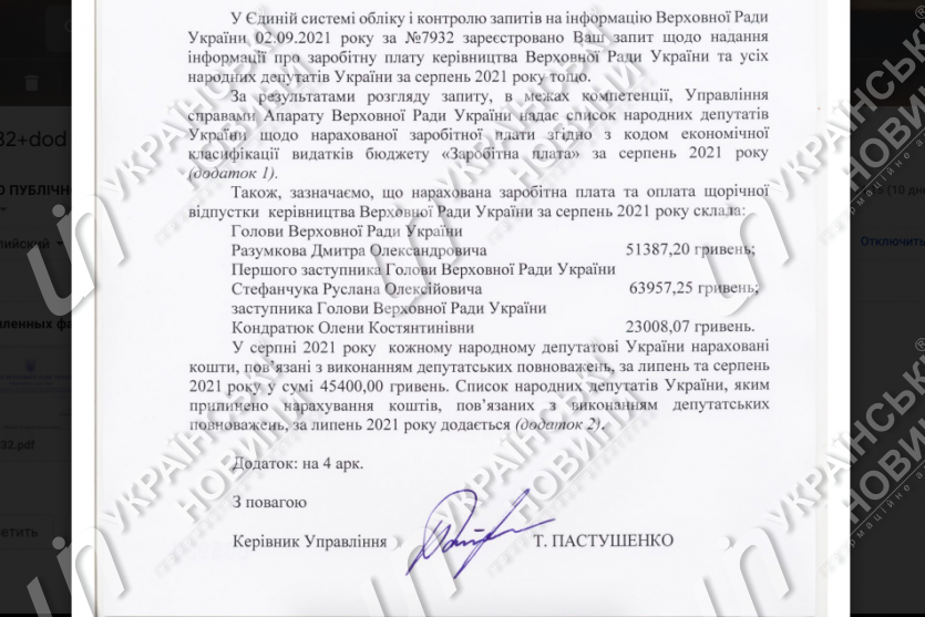 Ответ Аппарата Рады на запрос Українських Новин.