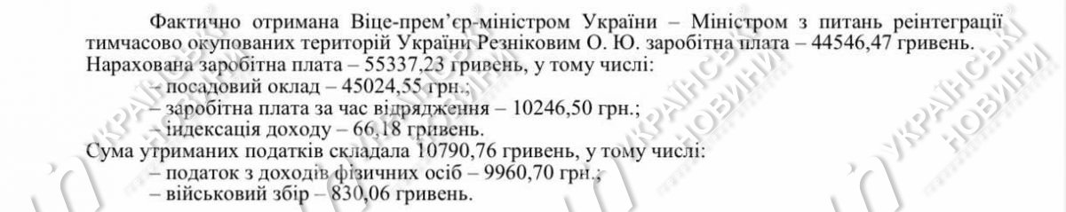 Зарплата Алексея Резникова за сентябрь. Ответ на запрос Українських Новин