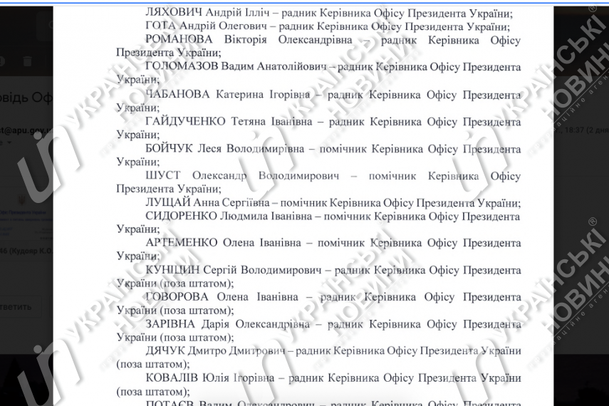 Ответ Офиса Президента на запрос Українських Новин.