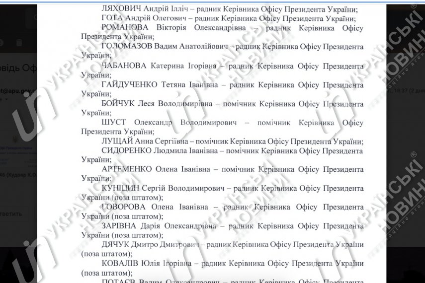 Ответ Офиса Президента на запрос Українських Новин.