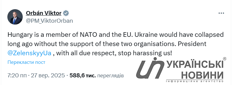 Viktor Orbán's post. Screenshot: UN
