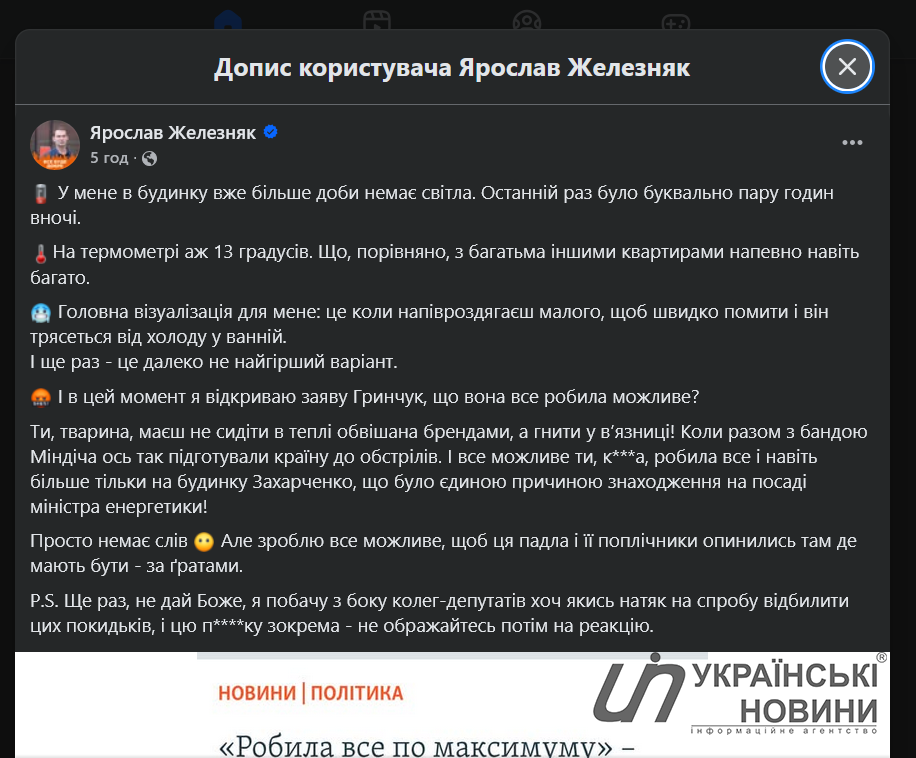 Допис Я. Железняка. Скриншот: УН