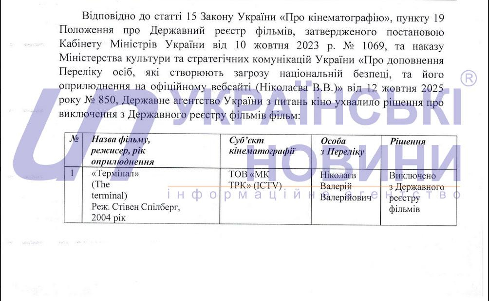 Фрагмент ответа Госкино на запрос Українських Новин. Скриншот: УН