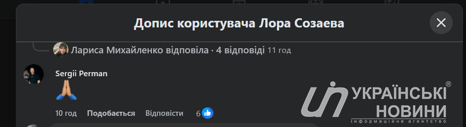 Реакция Сергея Пермана на сообщение Ларисы Созаевой. Скриншот: Українські Новини