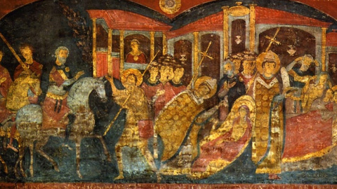 Фреска "Житіє св. Алексія" (XI століття) в нижній частині базиліки Святого Климента у Римі. Фото: Вікіпедія