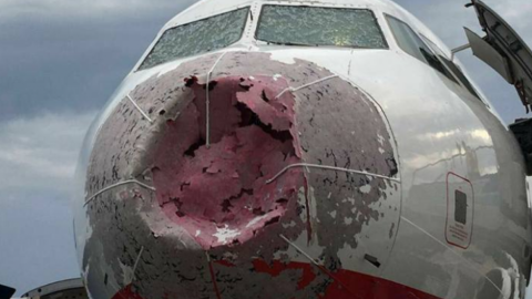Самолет сильно пострадал из-за огромного града. Фото: facebook.com/oleg.lungul.96