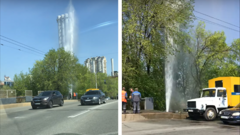 Прорыв трубы и 230-ти метровый фонтан в центре Киева. Фото: Киевводоканал