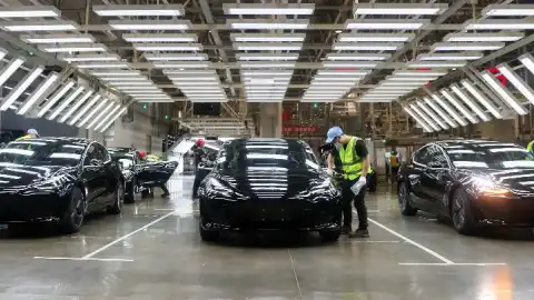 China-produced sedans at Tesla's gigafactory in Shanghai, east China. Photo Xinhua/Ding Ting.