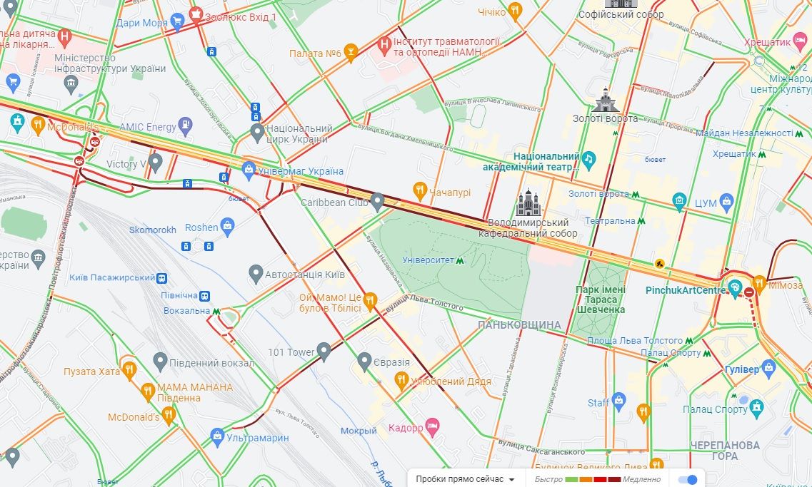 Пробки у центрі Києва.  Фото: Google Maps