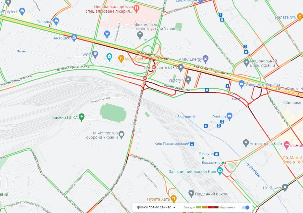 Пробки у Києві.  Фото: Google Maps