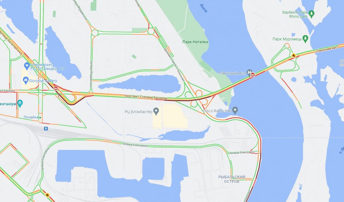 Пробка на проспекте Степана Бандеры и Северном мосту. Фото: Google Maps