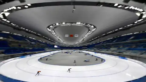 The interior view of the National Speed Skating Oval, locally known as the "Ice Ribbon", in Beijing. Photo by Wei Xiaohao/China Daily.