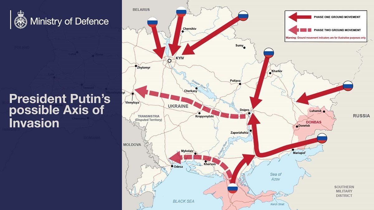 Карта возможного направления вторжения российских войск. Фото: facebook.com / Ministry of Defence