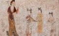 A part of restored murals of an ancient tomb dating back to the Tang Dynasty (618-907) in Taiyuan, north China's Shanxi Province. Photo by Xinhua.