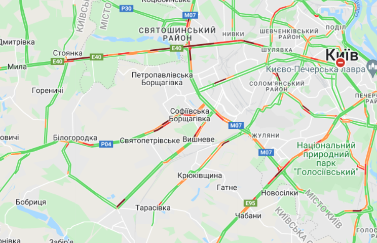 Пробки в Киеве. Карта: Google Maps