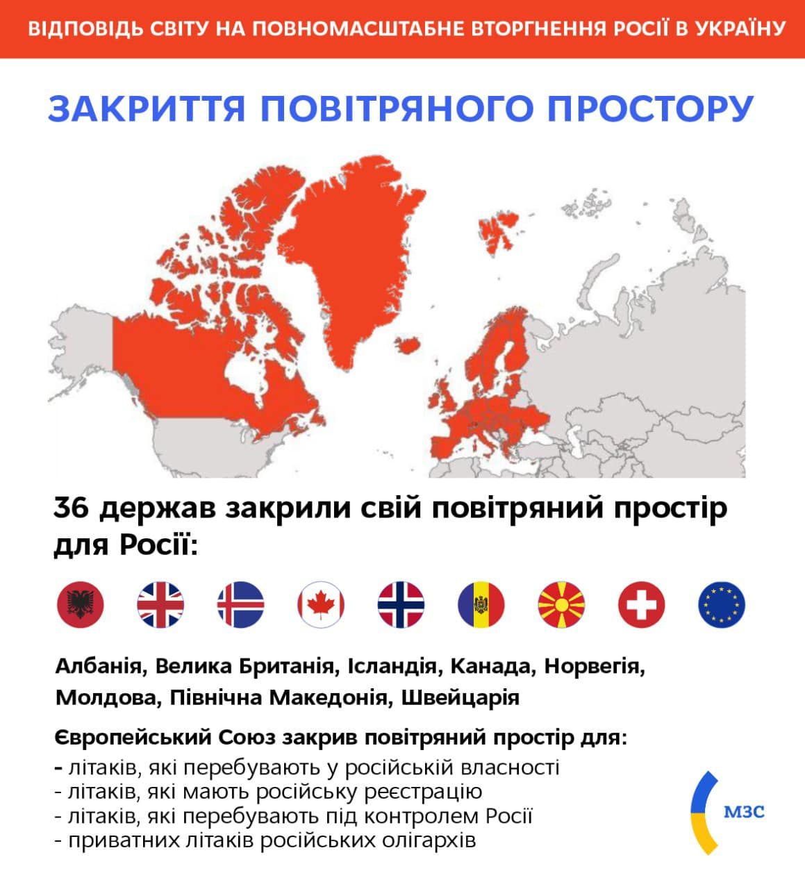 Страны, которые закрыли воздушное пространство для самолетов из РФ. Фото: МИД Украины