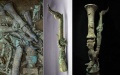 Scattered parts of unearthed bronze sculpture (L); a bronzeware part (C) that was unearthed from the No. 2 sacrificial pit in 1986; and the combination of the two parts, in southwest China's Sichuan Province. Photo by Xinhua.