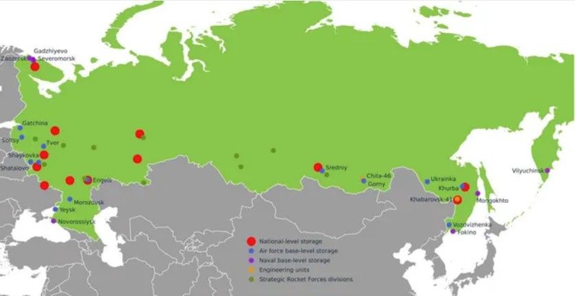 Размещение национальных и базовых хранилищ ядерного оружия в России