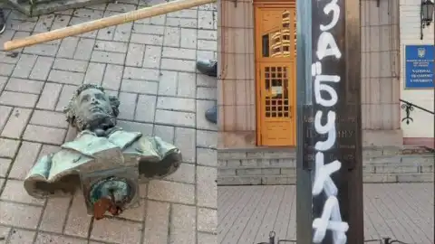 Самовільне знесення погруддя Пушкіну в Києві. Колаж з відкритих джерел