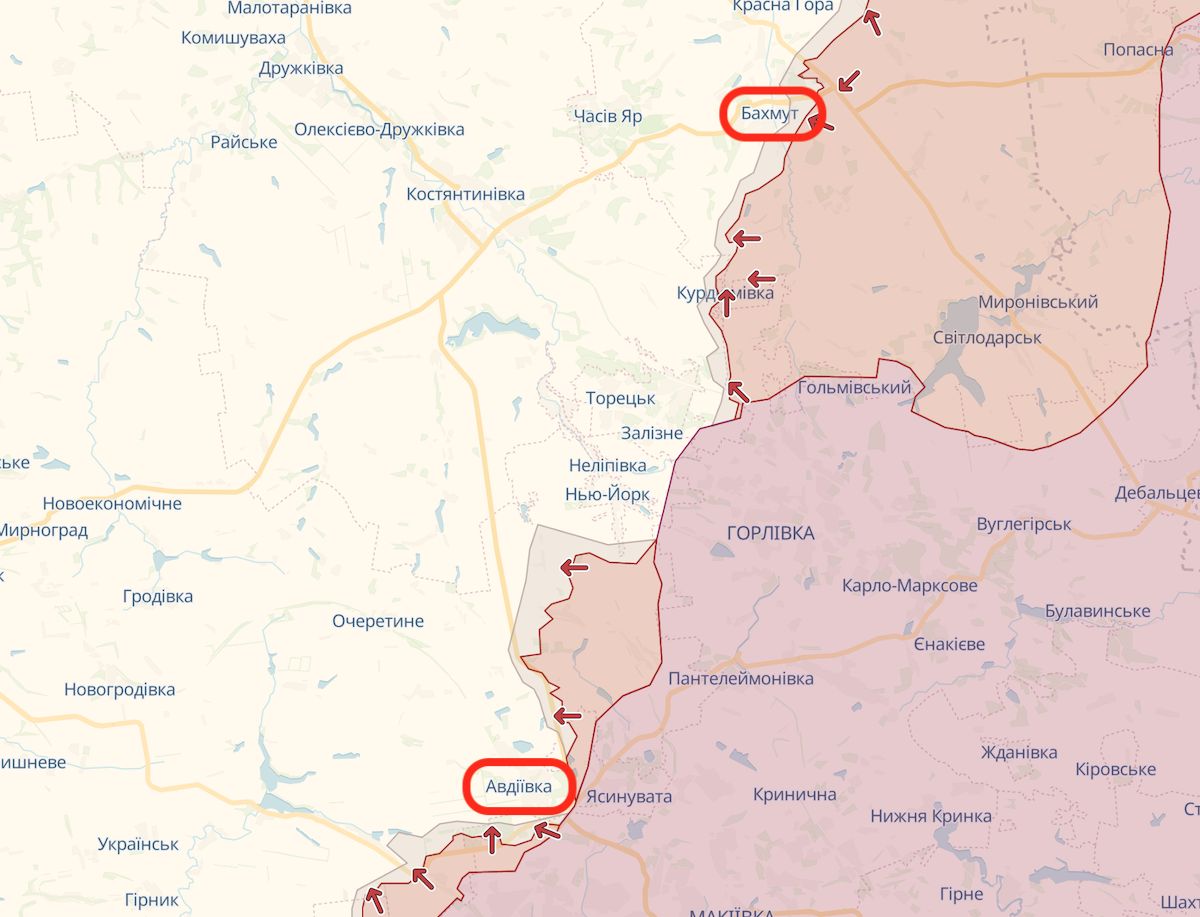 Окупанти намагаються поліпшити тактичне положення під Бахмутом та Авдіївкою. Фото: deepstatemap.live