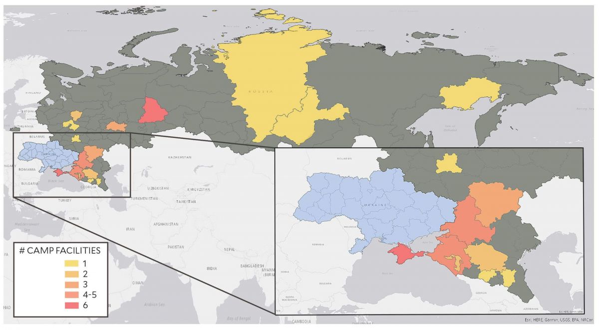 Карта територій, де розміщуються російські табори, у яких утримують українських дітей
