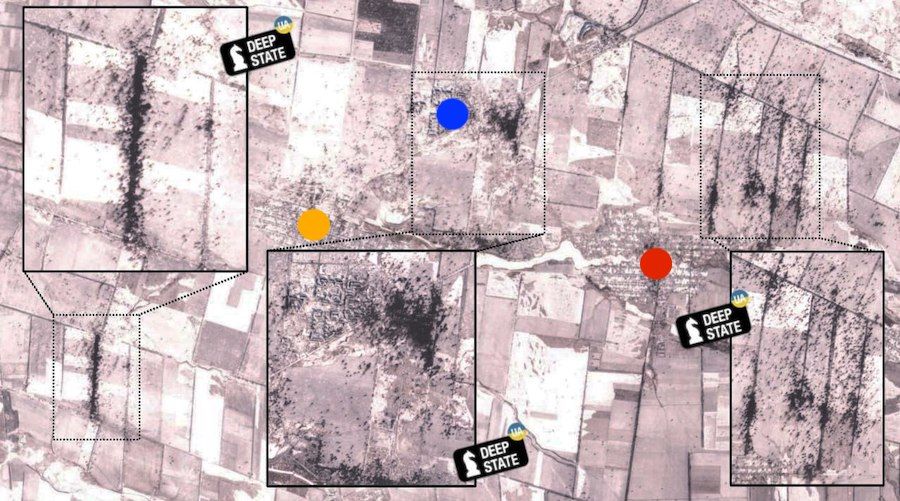 Синім кольором позначено Вугледар, жовтим — Павлівка, червоним — Микільське. Скупчення темних плям — сліди від вирв або снігу, що розплавився від вибухів і вогню. Темні доріжки — місця, де рухалися окупанти. Фото: DeepState