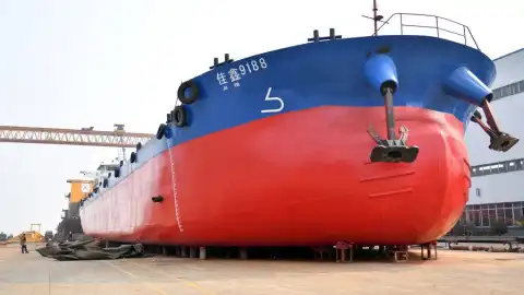 A cargo ship at a shipbuilding enterprise in Yuanjiang, central China's Hunan Province.  Photo by Xinhua/Chen Zhenhai.