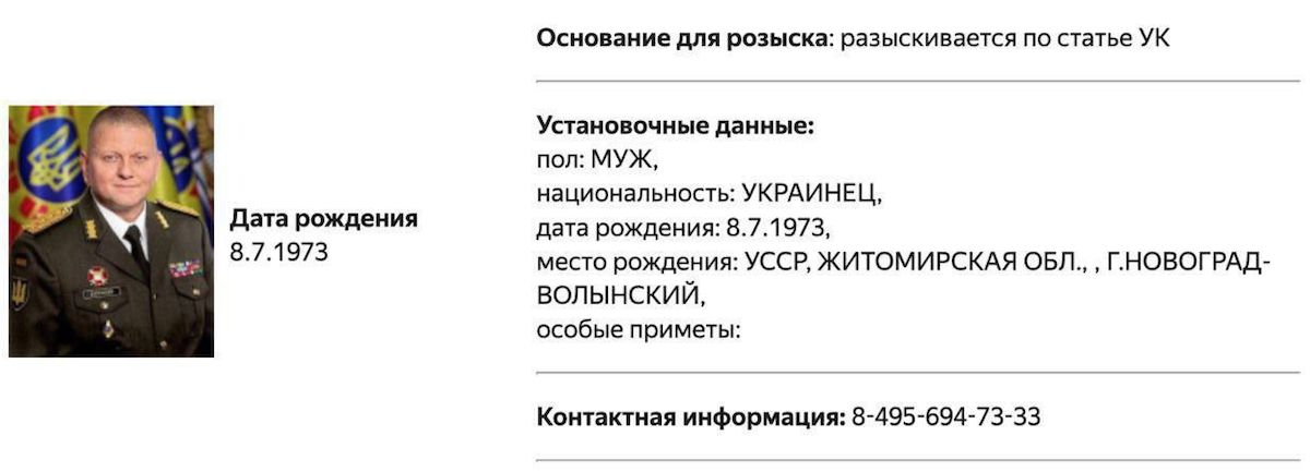 Росія оголосила в розшук головнокомандувача ЗСУ Валерія Залужного. Фото: скриншот