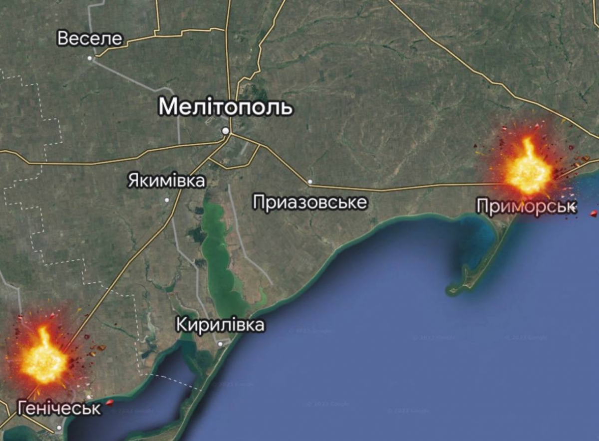 Вибухи в Приморську та районі Генічеська. Карта: telegram/Іван Федоров
