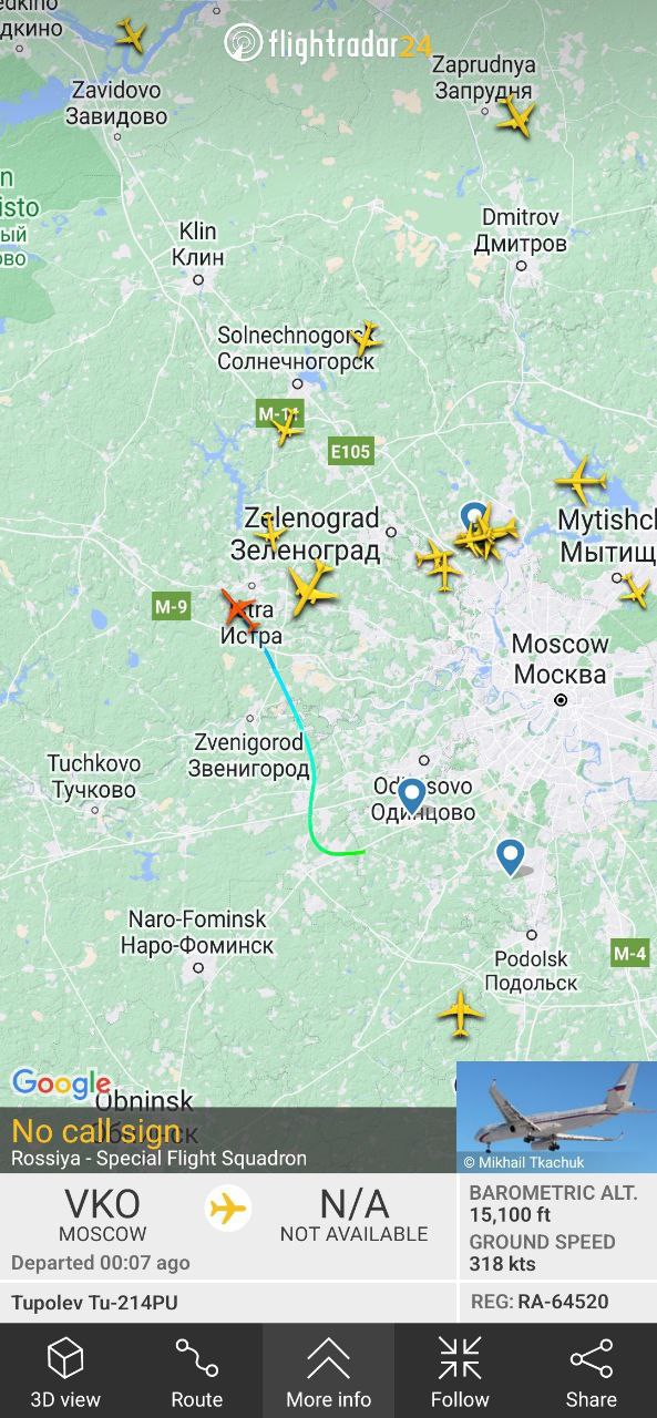 Карта переміщення літака Путіна. Фото: flightradar