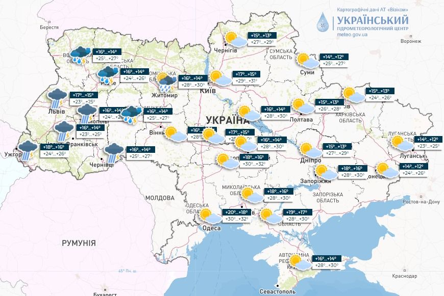 Погода 13 липня. Карта: Укргідрометцентр

