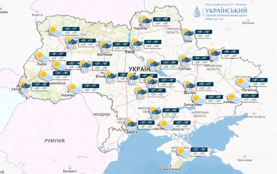 Прогноз погоди 18 липня. Карта: Укргідрометцентр


