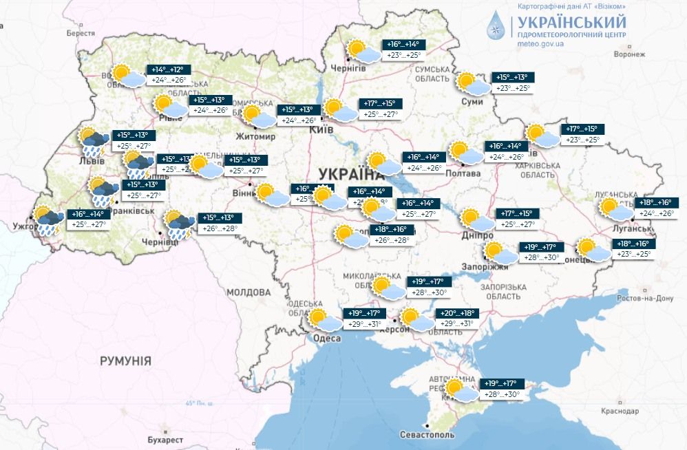 Прогноз погоди 18 липня. Карта: Укргідрометцентр

