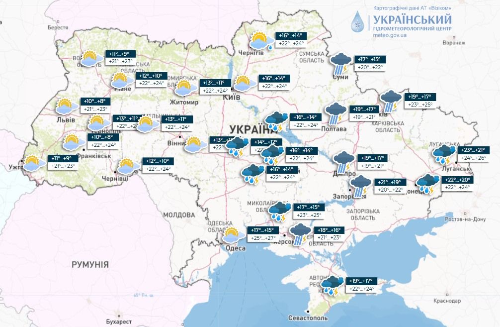 Прогноз погоди 28 липня. Карта: Укргідрометцентр

