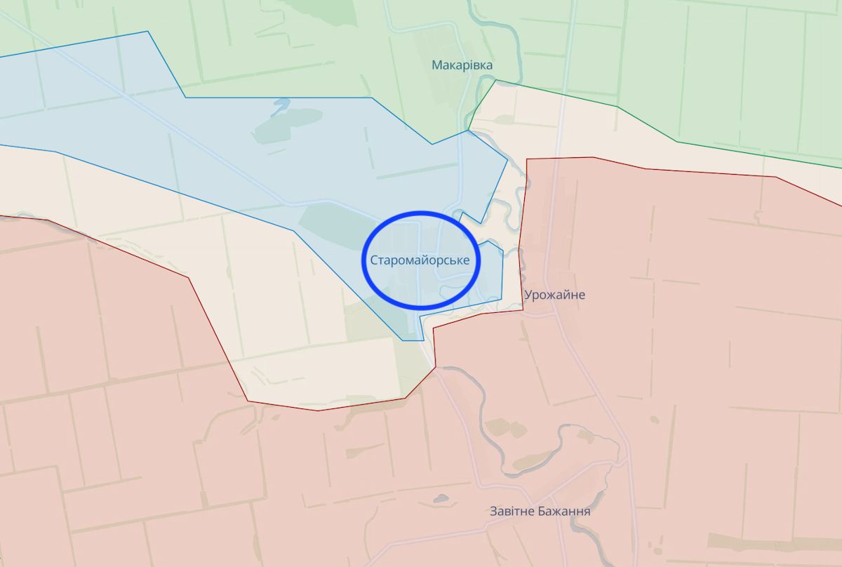 Ситуація в районі Старомайорського на думку OSINT-аналітиків із проєкту DeepState. Фото: deepstatemap.live