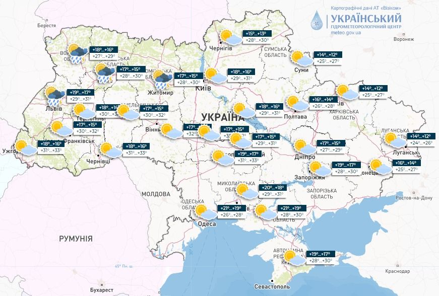 Прогноз погоди в Україні 26 серпня. Карта: Укргідрометцентр

