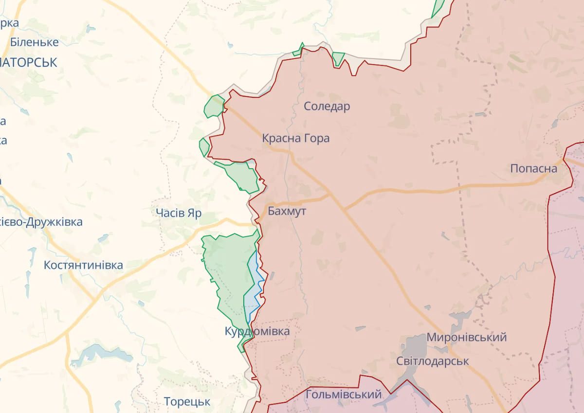 Ситуація в районі Бахмута Донецької області за даними OSINT-аналітиків із проєкту DeepState. Фото: deepstatemap.live