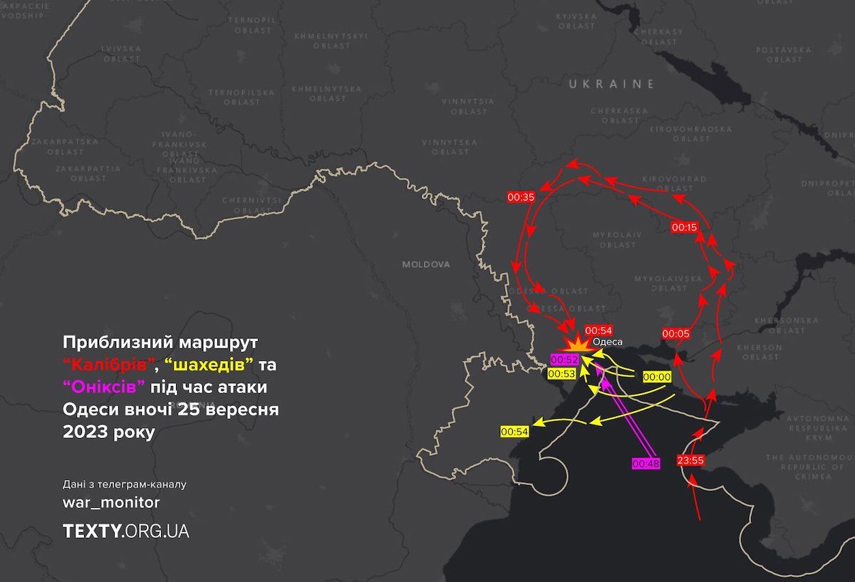 Приблизний маршрут дронів-камікадзе та ракет росіян під час нічної атаки на Одеську область. Фото: texty.org.ua