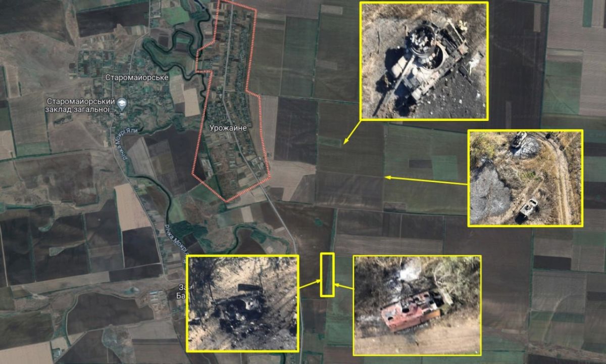 Колаж зображень знищеної російської техніки в районі Урожайного. Фото: Держспецтрансслужба
