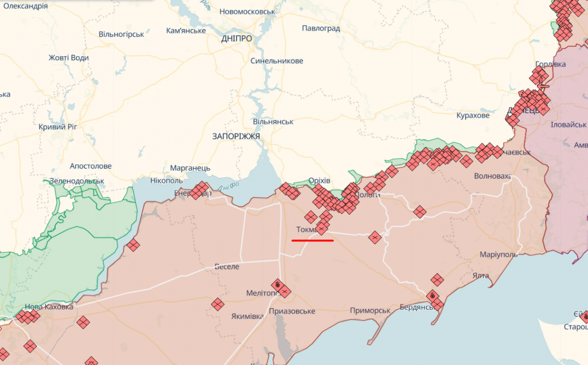 Тимчасово окупований Токмак. Карта: deepstatemap.live