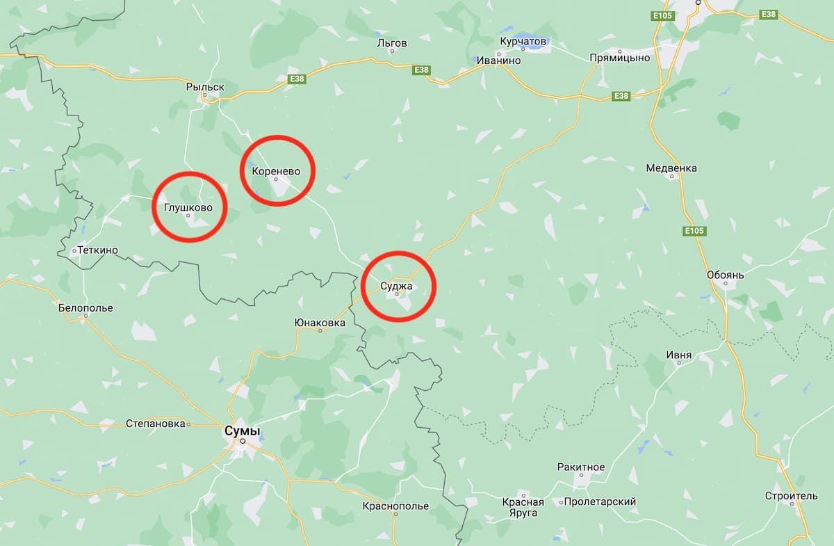Майже 70 населених пунктів Курської області залишилися без світла після атаки БПЛА. Фото: Google Maps