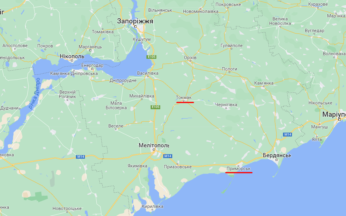Тимчасово окупований Токмаку і Приморськ Запорізької області. Карта: Google Maps