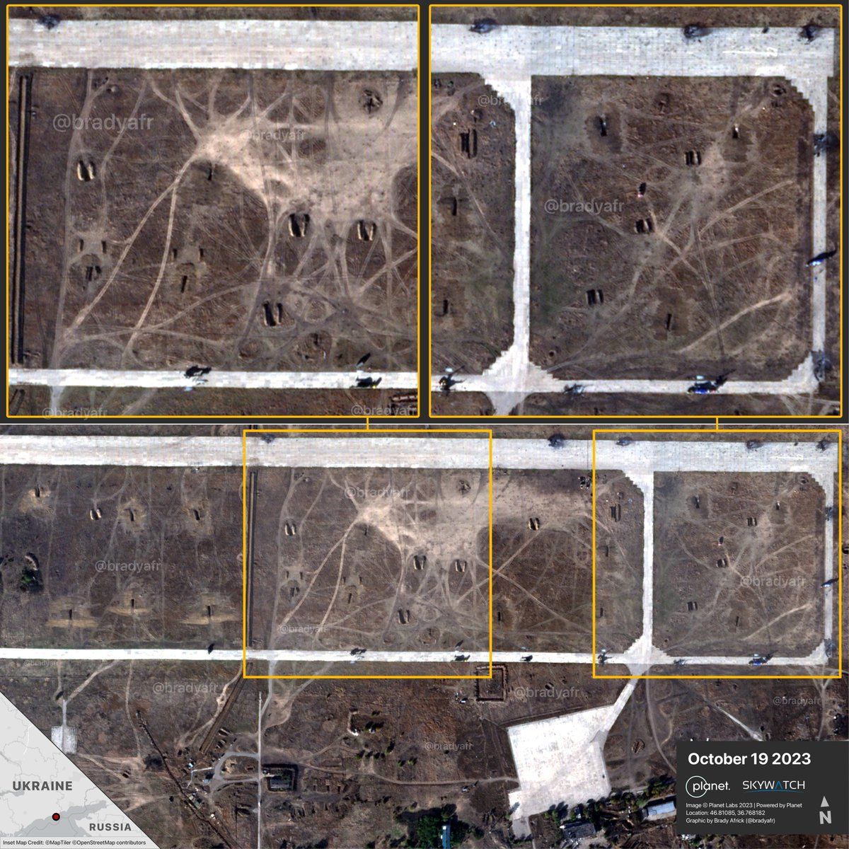 Супутниковий знімок аеропорту в Бердянську від 19 жовтня 2023 року. Фото: twitter.com/bradyafr