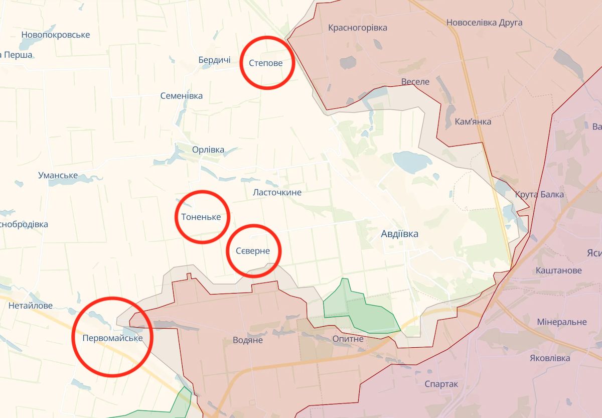 ЗСУ в районі Авдіївки відбили атаки росіян біля чотирьох населених пунктів. Фото: deepstatemap.live