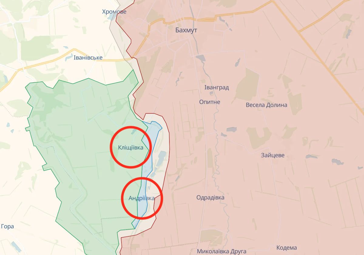 На південь від Бахмута атаки окупантів відбито поблизу двох населених пунктів. Фото: deepstatemap.live