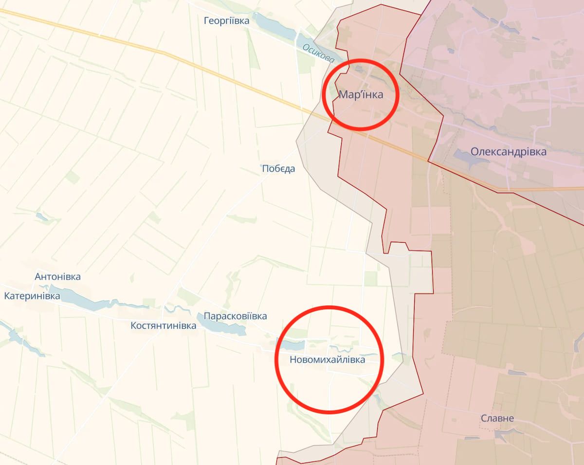 У районі Мар'їнки українські військові відбили понад 20 атак росіян. Фото: deepstatemap.live